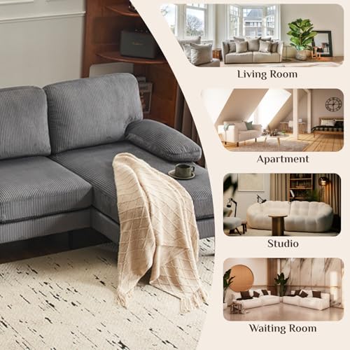 Image of Karl home Compact U-Shape Sectional Sofa Couch 111 inch 4-Seat Gray | Modern, Corduroy Fabric Upholstered, Double Chaise, Wood Grain Legs for Living Room, Home Office, Apartment, Studio