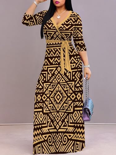 Image of PinkPatty Plus Size Maxi Dresses for Women Casual Flowy Long Dress 3 /4 Sleeve V Neck Wrap Dress with Belt