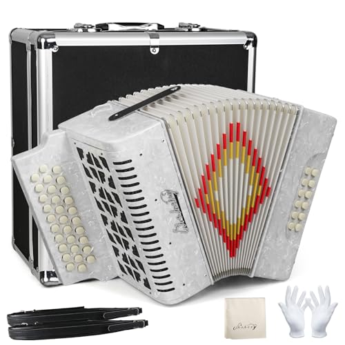 Accordion 31 Key 12 Bass, Push-Pull Diatonic G/C/F Tone for Adults Beginner, Folk/Stage/Practice, with Case/Strap/Gloves/Wipe (White)