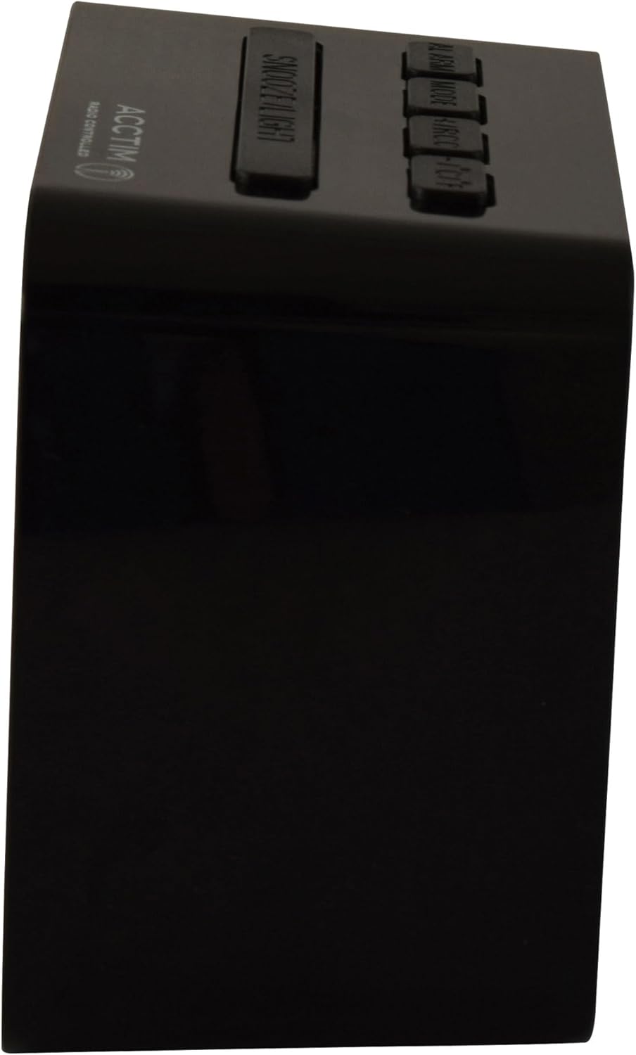 Side view of the Acctim 71893 Cole Radio Controlled Alarm Clock, showing the top buttons for snooze, light, and settings.