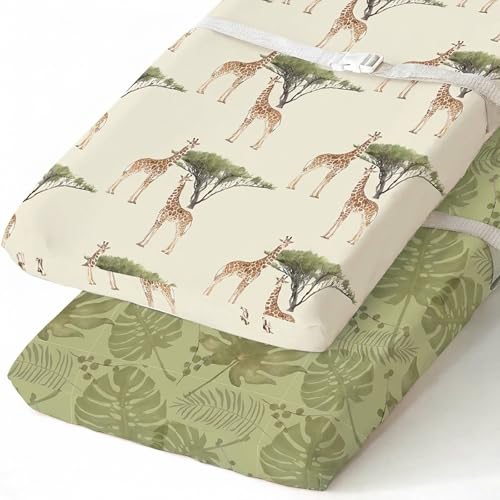 Image of BROLEX Changing Pad Covers for Baby: Boy Girls Ultra Stretchy Soft 2 Pack, Giraffe Foliage