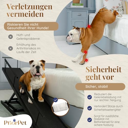 Hunderampe Bett PRIORPET aus Birkenholz mit Sicherheitsgeländer - Höhenverstellbare hundetreppe für Betten bis zu 94.5cm - Klappbar - Anti-Rutsch-Griff - Für kleine Hunde bis zu 23kg - Schwarz