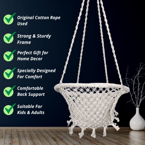 Image of Patiofy Cotton Netted Round Large Swing for Adults /Swing for Balcony /Swing Chair for Adults for Home /Hammock Swing for Adults /Swing Chair Wooden /Without Hanging Kit (120Kgs Weight Capacity- White)