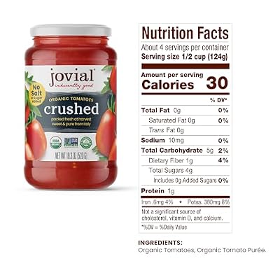 Jovial Crushed Tomatoes - Organic Tomatoes, Non-GMO, USDA Certified Organic, No Additives, BPA-Free, No Added Sugar, No Salt Added, Recyclable Glass, Made in Italy - 18.3 Oz, 6 Pack