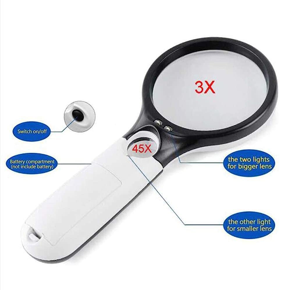 Lupas de Mano con luz LED, 3X-45X de Alto Aumento, Ideal para Personas Mayores Que Buscan Lectura, aficiones, Reparaciones y joyería.