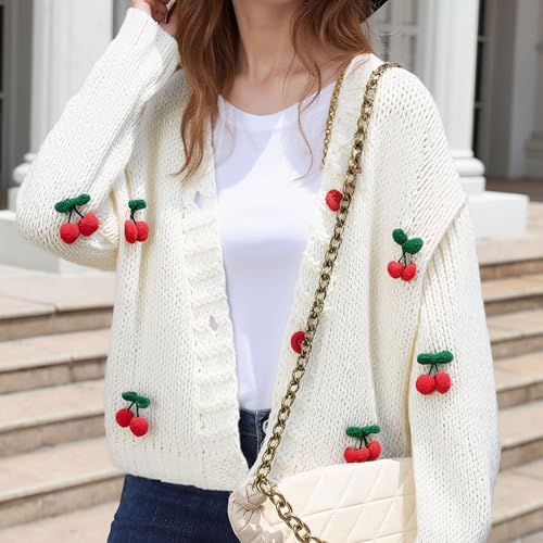 Image of FindThy Women's Kawaii Strawberry Embroidered Cardigan Long Sleeve V Neck Chunky Knitted Cardigans Tops