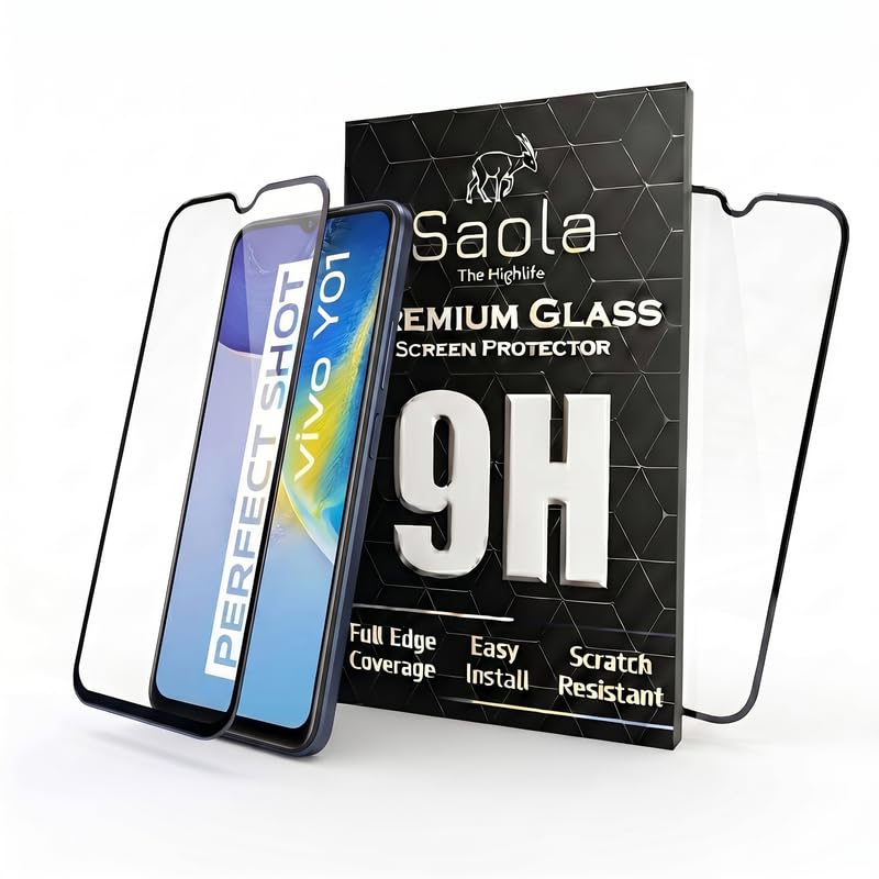 Image of Saola Hd+ Oleophobic Smartphone Tempered Glass Screen Protector For Vivo Y01 (Pack Of 2) With Free Installation Kit. Full Screen Coverage - 6.51 Inch