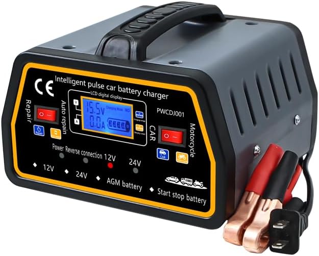 Smart 12V/24V Car Battery Charger and Maintenance Car Pulse Repair Tool with LCD Display, Auto Stop and Cooling Fan for Car, Motorcycle, SUV, Fork Truck