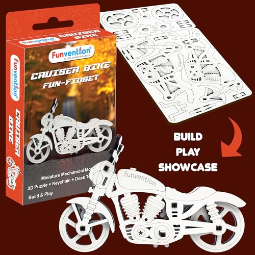 Image of Funvention Fun-Fidget DIY Mechanical Models (Return Gift Pack of 6) - F1 Racer Car & Cruiser Bike - 3D Wooden Puzzle, Build & Play Gear Toy, STEM Activity, Birthday Return Gifts for Kids Age 5+