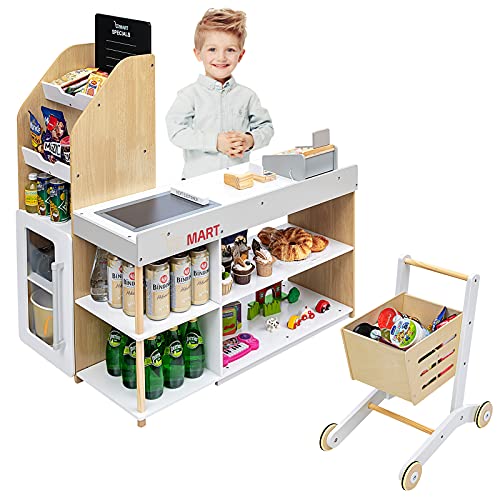 HONEY JOY Grocery Store Pretend Play, Kids Wooden Grocery Store Playset w/Shopping Cart, Play Money, Cash Register Stand, Chalkboard, Supermarket Checkout Counter Toy Set(Play Food Not Included)