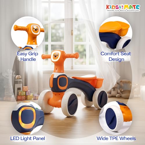 Image of Kidsmate Tiny Glide Baby Push Ride On Toy with Music & Lights | Storage Basket, 4-Wheel Stable Design for Balance, Coordination & Active Growth | Perfect Toddler Mini Bike for 1-4 Yrs - Blue Orange