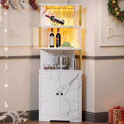IRONCK 71'' Corner Bar Cabinet with LED Lights, 5-Tier Wine Rack with Power Outlets, Glass Holder and Door, Liquor Cabinet for Home Bar & Coffee Bars, White & Gold - Image 5