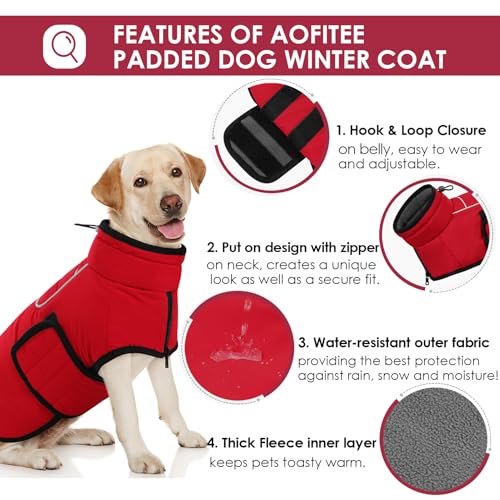 AOFITEE Extra Großer Hundemantel, Warme Hundewinterjacke für Große Hunde, Reflektierende Rollkragen-Hundejacke Fleece-Mantel mit Geschirr, wasserdichte Hunde-Schneejacke für Corgi, Border Collie