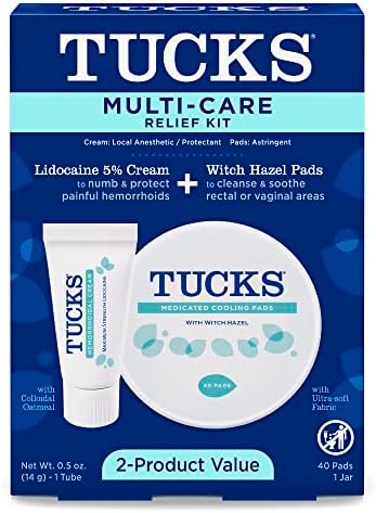 Tucks Multi-Care Relief Kit – 40 Count Witch Hazel Pads & 0.5 oz. Lidocaine Cream - Hemorrhoid Pads with Witch Hazel, Protects from Irritation, Hemorrhoid Treatment, Medicated Pads Used by Hospitals