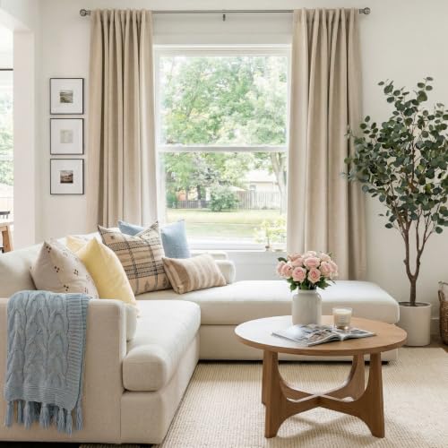 Image of Faux Linen Total Blackout Curtains for Bedroom 84 Inch Long Natural Flax