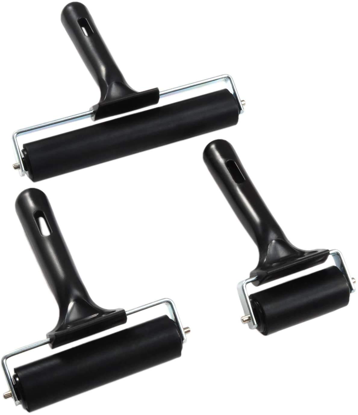 3 rulli in gomma Brayer per lavori artigianali, stampaggio, incollaggio, struttura con nastro antiscivolo (nero)