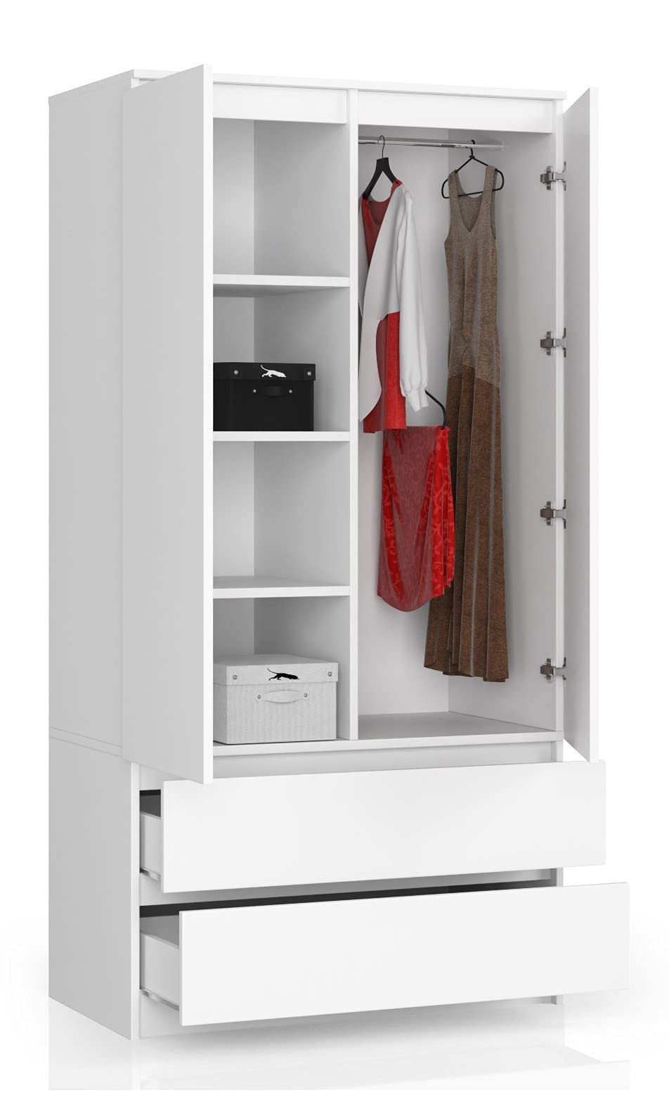 Armoire 2 Portes 3 Tiroirs Moderne – Dimensions 180x80x50 Cm, Chêne/noir/blanc/gris, Avec Penderie - 2