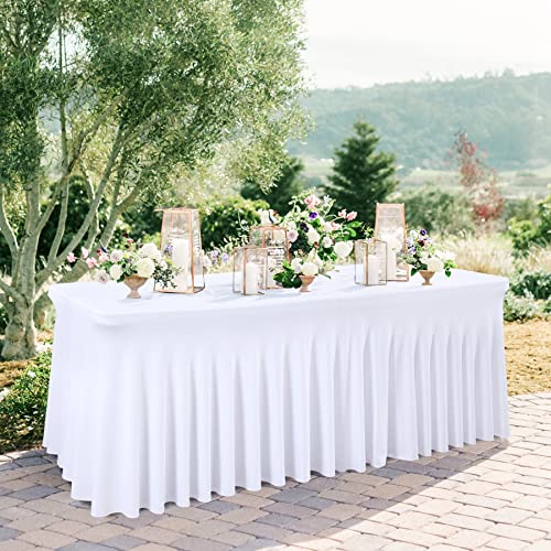 Image of Besutolife White Tablecloths for Rectangle Tables 8ft Spandex Table Skirt One-Piece Wrinkle-Resistant Ruffles Design for Banquets Parties Wedding Dining Table