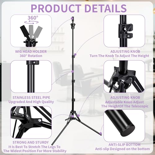 Aofadaning Mannequin Head Stand,Adjustable Wig Stand Tripod Height Adjustment(20-60Inch) Reinforced Metal Mannequin Stand For Cosmetology Hairdressing Training With Free One Wide Tooth Comb