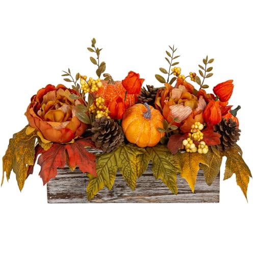 DILATATA Fall Decor Autumn Harvest Pumpkins Centerpiece - Artificial Peony Maple Leaf and Pinecones Arrangement in Rectangle Wooden Box for Thanksgiving Party Mantel Fall Decor