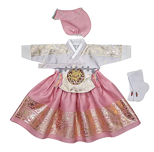 Image of Girl Baby Hanbok First Birthday Party Celebration Hanbok Set Korean Traditional Costumes 100th days-8 Ages Gold Print osg001 (100th Hanbok+Hat)