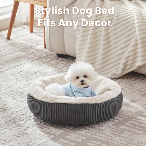 BedStill 23 inches Donut Dog Bed for Small Dogs - Calming Round Puppy Bed with Removable &Washable Cover, Plush Faux Fur & Corduroy Pet Bed for Cats, Fits Pets up to 15 lbs(Dark Grey,Small) by BedStill - Image 4