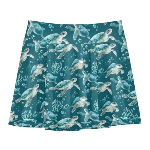 Cartoon Sea Turtle Teal_4 Girls Tennis Skirts with Built in Shorts Flowy Little Girl Skirts Skort Kids with Pockets 4-12Y