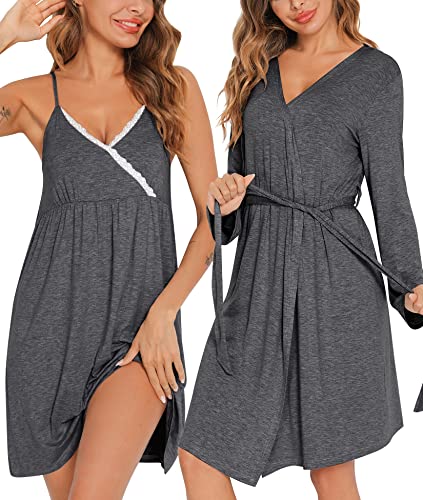 Swomog Womens Maternity Robe 2 Piece Nursing Nightgown For Breastfeeding 3 In 1 Labor Delivery Nursing Dress Lace Bathrobe #TOP3
