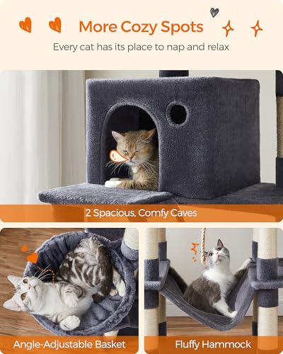 Image of Feandrea Cat Tree, 81.1-Inch Large Cat Tower, Multi-Level Plush Condo with 13 Scratching Posts, 2 Perches, 2 Caves, Basket, Hammock, Pompoms, Smoky Gray UPCT190G01