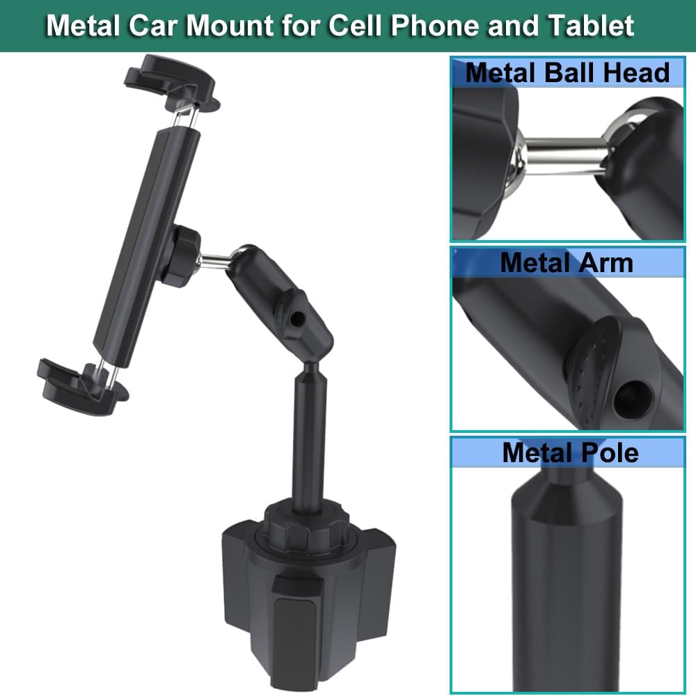 Car Cup Holder Tablet Mount for 4-13' iPad, Universal Metal Upgraded Version Truck Vehicle Cup Holder for Your iPad Pro 12.9 Air Mini Galaxy Fold 5 4 3 and All Cell Phone