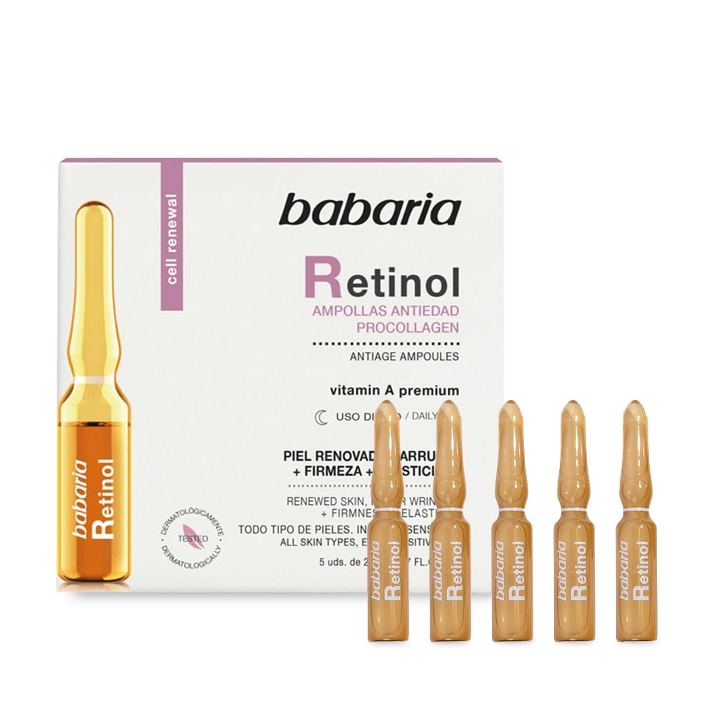Babaria - Retinol Ampollas Antiedad Procollagen, Piel Renovada, Firme y Elástica, con Vitamin A Premium, Apto para Todo Tipo de Pieles, Incluso Sensibles - 5 Uds de 2 ml