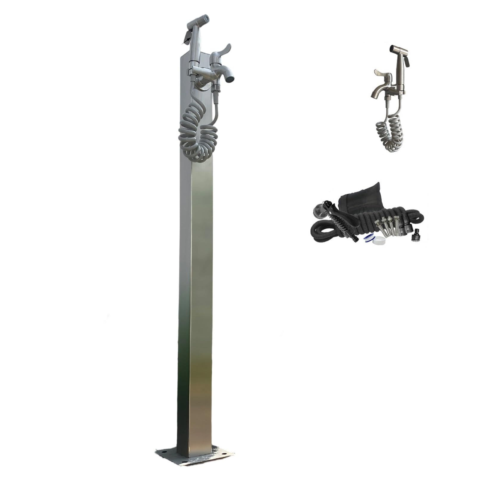 Columna de agua para exteriores, hidrante de patio sin heladas con pistola de pulverización de refuerzo de 32 pies, doble salida para riego y limpieza de jardín