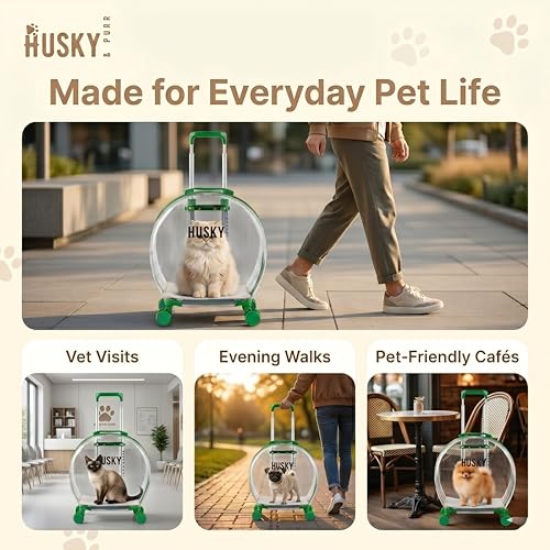 Image of Husky & Purr PopGo Pet Carrier with Wheels for Cats & Small Dogs | Transparent Cat Bag Carrier Trolley with Telescopic Handle | Dog Carrying Bag, Up to 8kgs, Green