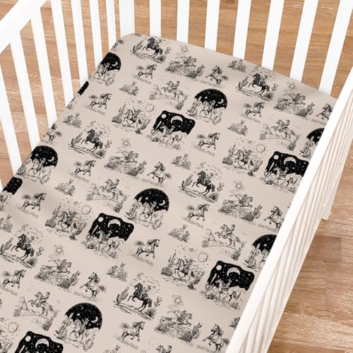 Image of Vintage Western Cowboy Fitted Baby Crib Sheet for Girl Boy 52 inchx28 inch Cowboy Horse Cactus Desert Moon Night Soft Crib Mattress Cover Breathable Baby Sheets Fits Standard Crib and Toddler Mattress Pads