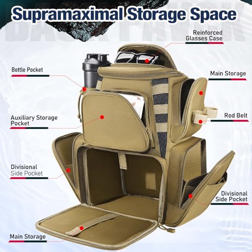Image of Piscifun Fishing Tackle Backpack with 2 Rod Holders, 4 Boxes & Rain Cover | Multi-pocket storage, fits 3600 /3700 trays, bottle holder, padded straps for bank fishing