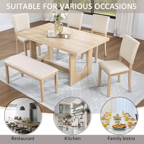 Image of KEIKI 6-Piece Standard Height Dining Table Set with Rectangular Table, 4 Upholstered Curved Backrset Chair, Bench, for 6 Person, Modern Table Set, Easy Assembly, for Kitchen, Dining Room, Beige