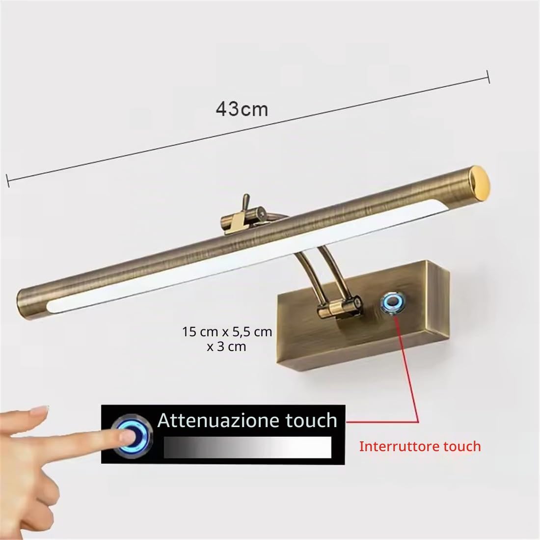 Touch Dimmer - Lampada da parete a LED, 43 cm, faretti da parete, lampade per specchio da bagno, illuminazione e illuminazione per bagno, decorazione interna
