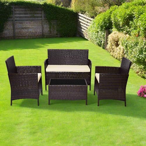 EVRE Brown Rattan Garden Furniture Set Patio Conservatory Indoor Outdoor 4 Seater Piece Modular Sofa Loveseat Chair Glass Top Coffee Table with Cushions - Image 2