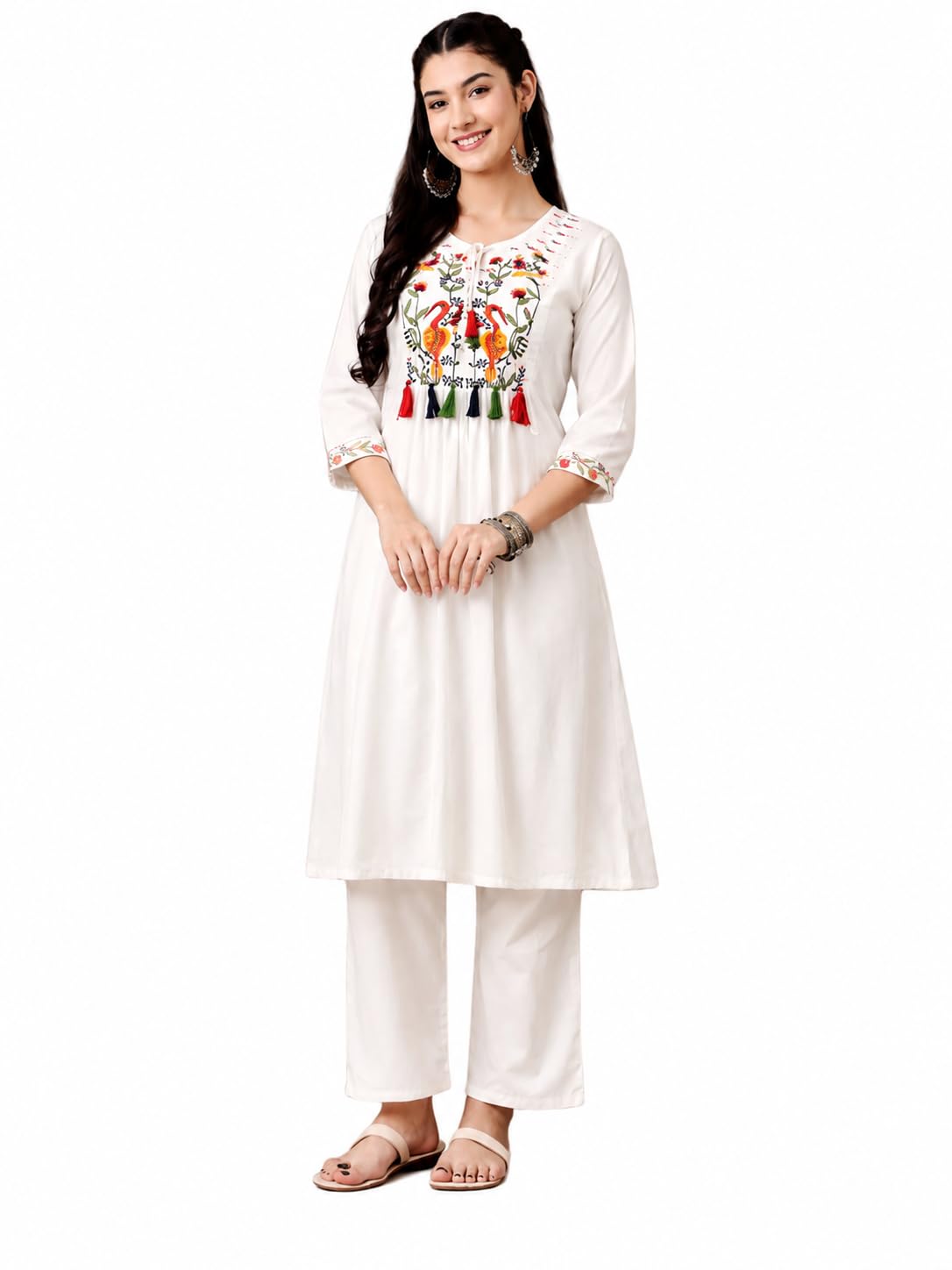 Women’s Viscose Rayon Embroidered A-Line Kurti with Pant Set | 3/4 Sleeve V-Neck Ethnic Kurta Set | Casual, Office Wear-picture-34