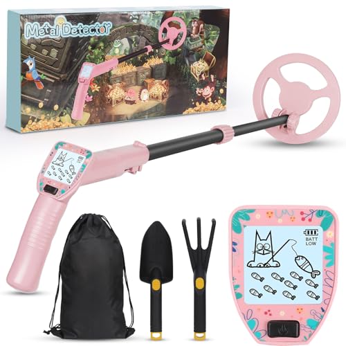 Detector De Metales Niños, Diealles Shine Ajustable Detector De Metales con Pantalla LCD, Bobina Impermeable, Detector Metales Niños De Alta Precisión con Pala Rastrillo(Rosa)