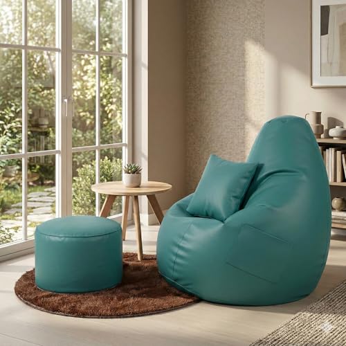 Image of IVIKA Bean Bag with Stool & Cushion | XXXXL Size Premium Leatherette Bean Bag for Gaming, Living Room & Bedroom (4XL - Aqua)