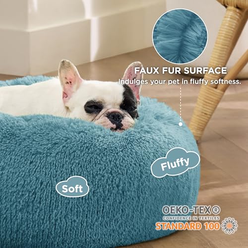 Image of Bedsure Calming Small Dog Bed Donut Washable Cat&Puppy Bed,23 inches | Fluffy Faux Fur Round Cuddler,Anti-Slip Bottom,Anti-Anxiety,Deep Sleeping for Large Cat & Pets Up to 25 Lbs,Washed Blue