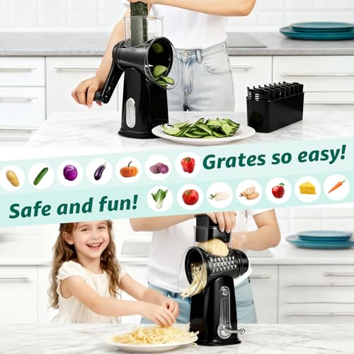 Rotary Cheese Grater Hand Crank - Cheese Shredder with 5 Blades & Strong Suction Base, Mandoline Slicer Vegetable Chopper, Kitchen Gadgets with Storage Box, Black - Image 7