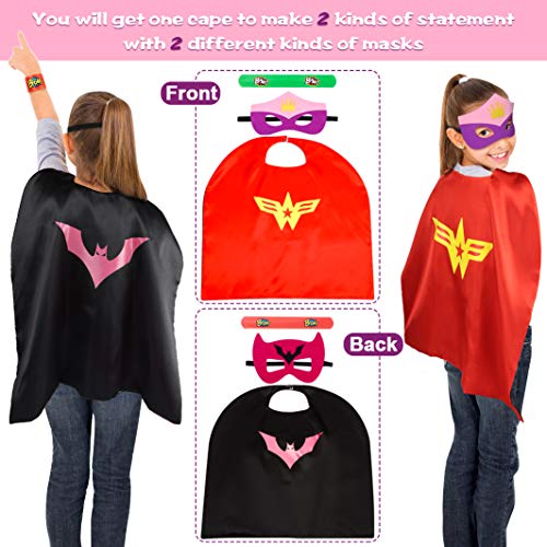 kuaima Superhero Capes for Kids Girl Halloween Cosplay Costume Party Christmas Double Side Cape Role Play Dress Up for Girl with Masks&Bracelet Slaps - Thumbnail 7