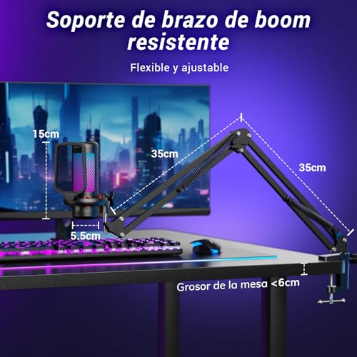 TONOR Microfono Gaming USB para PC PS4/5, Micrófono Condensador Cardioide con Brazo para Podcast, Streaming, Studio, Ordenador, Mic RGB con Ajustable Modos y Brillo, Silencio Rápido, TC310+ - imagen 7