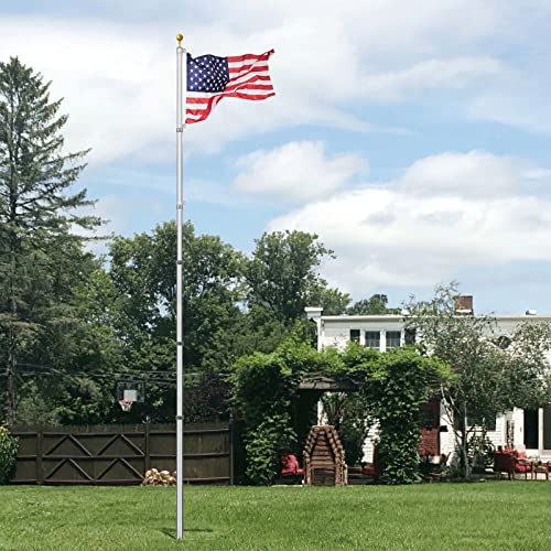 Elevens 20ft Telescoping Flag Pole Kit, Heavy Duty Aluminum Telescopic Flagpole for Outside in Ground with American Flag and Ornament Ball for Yard, Residential or Commercial, Silver