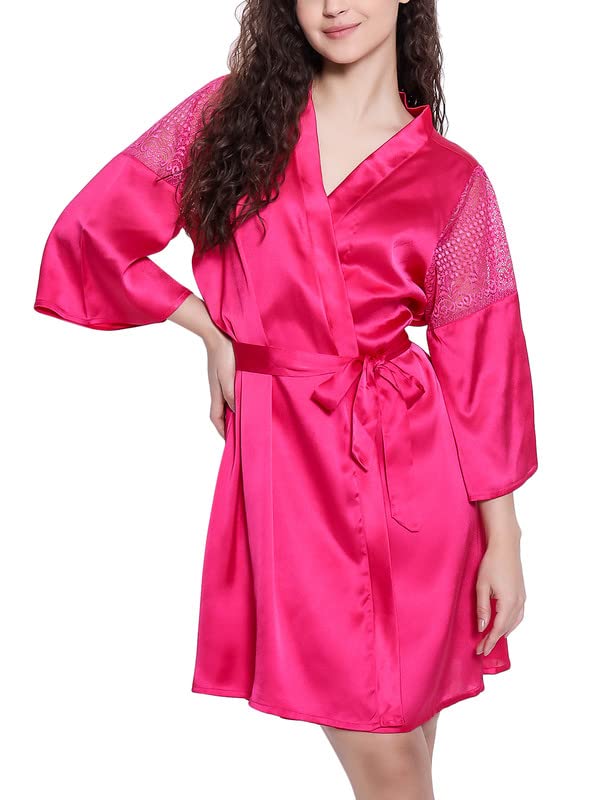 Clovia Women's Satin Chic Basic Robe In Pink