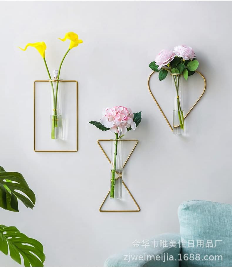 Miniatura 5 de Paquete de 2 jarrones de metal dorado, florero de pared, jarrón geométrico, jarrón de vidrio transparente, plantas colgantes hidropónicas, jarrón