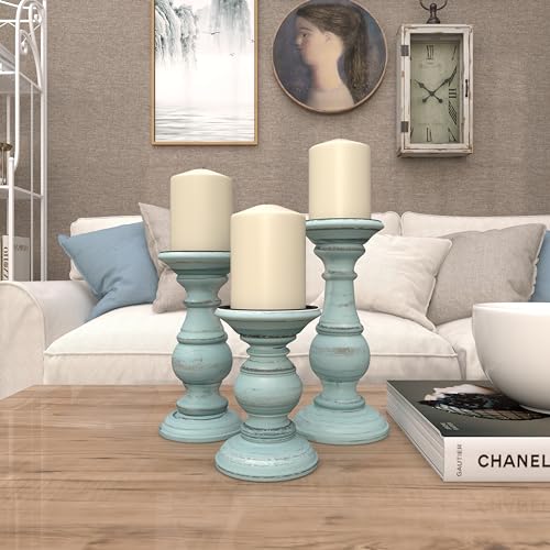 Deco 79 Mango Wood Decorative Candle Holder Distressed Turned Pillar Candle Stand, Set of 3 Candlestick Holder 6\", 8\", 10\"H, Light Blue - Thumbnail 7