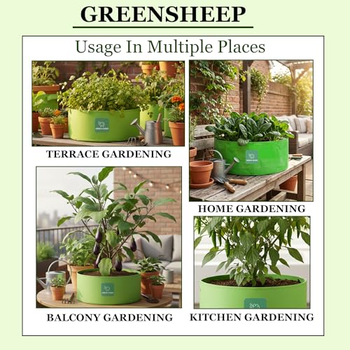 Image of GREENSHEEP HDPE Grow Bag Heavy Duty 260 GSM Round Plants Flower Growing Bags Floor Standing Mount Type for Home Garden Balcony Terrace Kitchen Nursery (Green, 18x9 inch, Pack of 3)